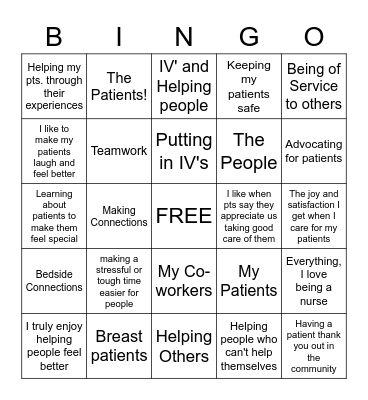 SDSU Favorite thing about being a nurse Bingo Card