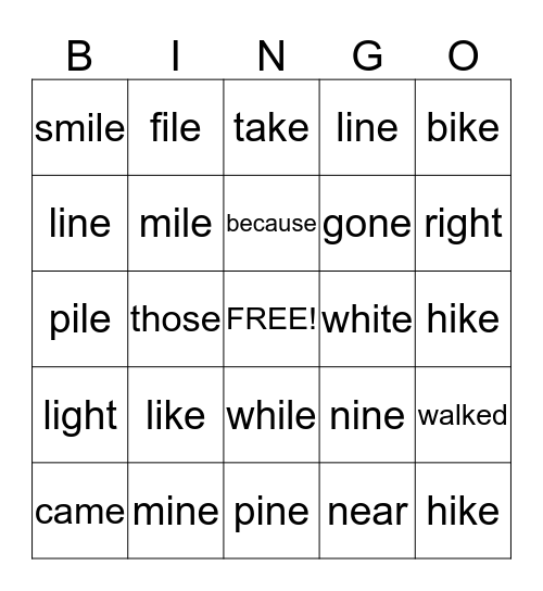 Lesson 22 - long i, silent e Bingo Card