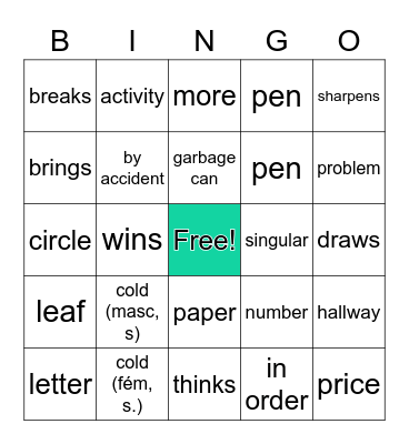 French Vocab I Bingo Card