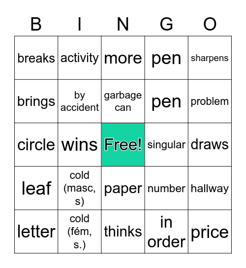 French Vocab I Bingo Card