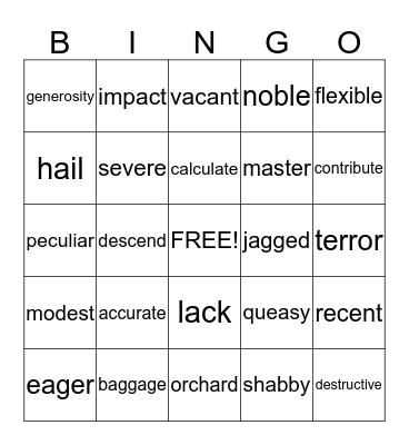 Vocabulary Bingo Card