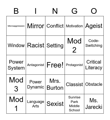 Critical Literacy Bingo Card