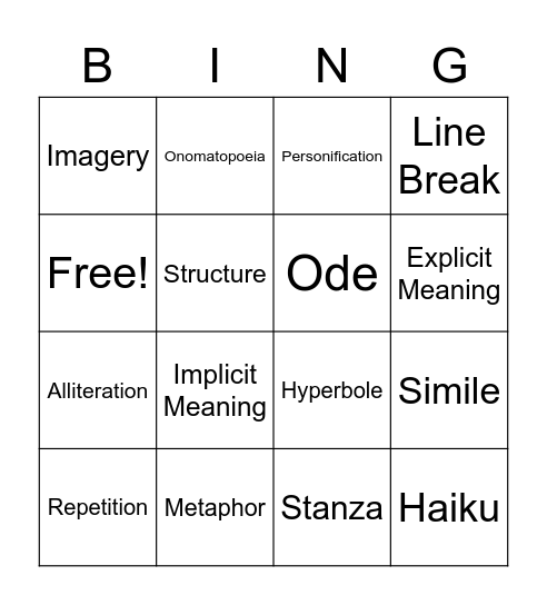 Poetry/Figurative Language Bingo Card