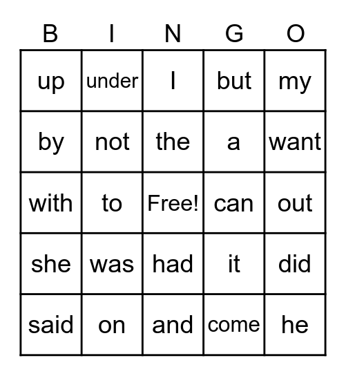 Sight Word Bingo Card