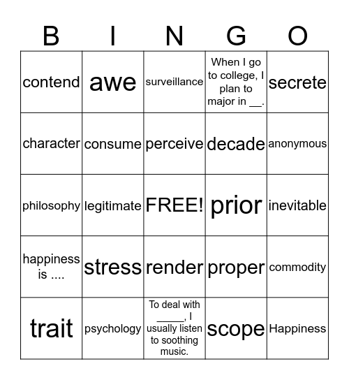 workshop 4 Bingo Card