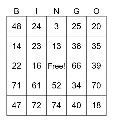 Numbers 1- 75 Bingo Card