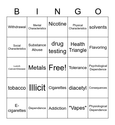 Substance and Vaping Abuse Bingo Card