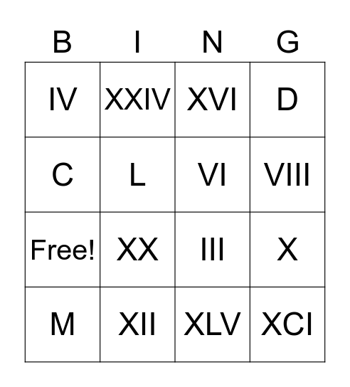 Roman Numerals Bingo Card