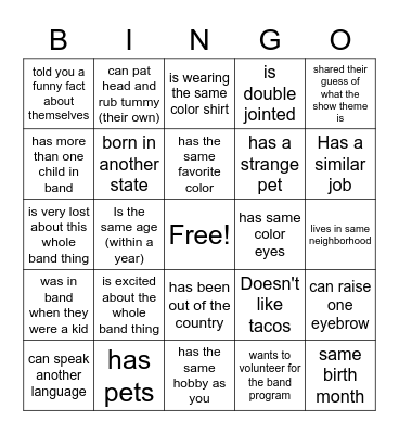 B-Well Band Parent Bingo Card