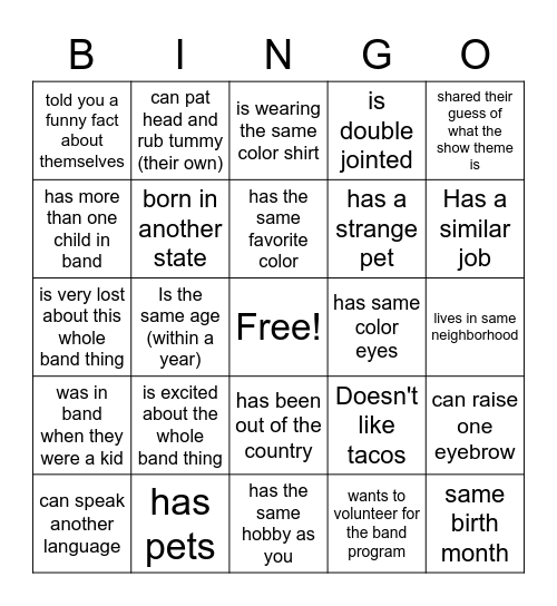 B-Well Band Parent Bingo Card