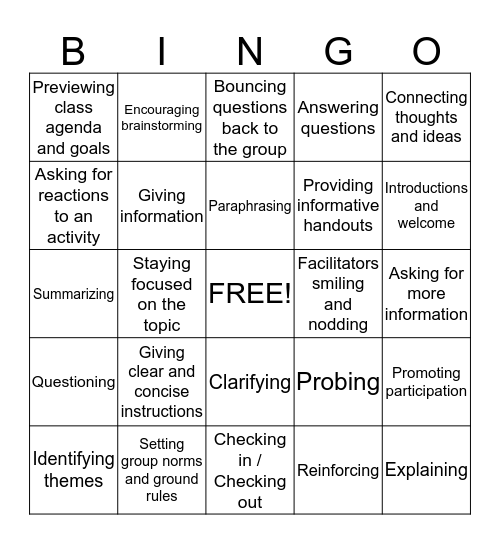 Facilitation skill Bingo  Bingo Card