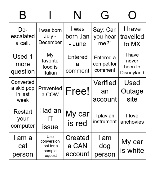 Team Rockstar Bingo Card