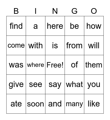 Sight Words Bingo Card