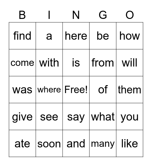Sight Words Bingo Card