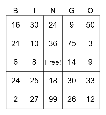 Multiplication 1-3 Bingo Card