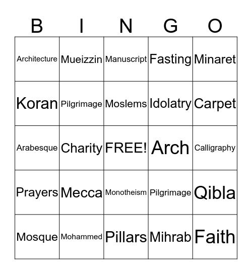 Islamic Art Bingo Card