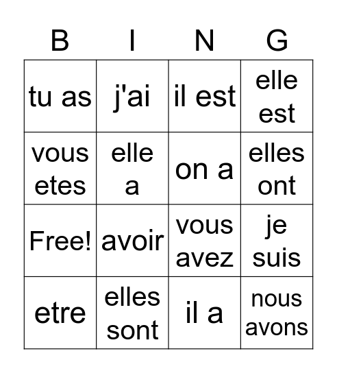 avoir/etre Bingo Card