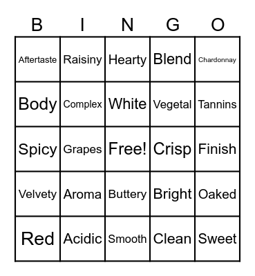 Winery Tour Bingo Card