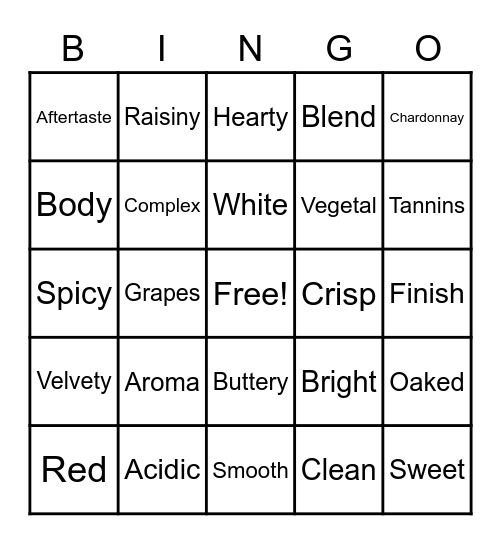 Winery Tour Bingo Card