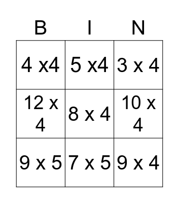 Multiplication Bingo Card