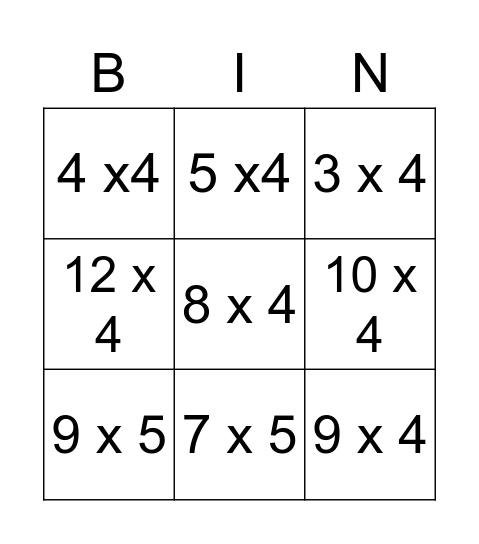 Multiplication Bingo Card