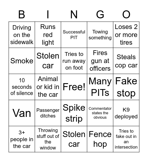 Hayden Car Chase Bingo Card