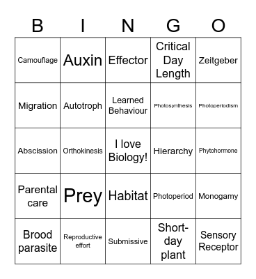 Plant and Animal Responses Bingo Card