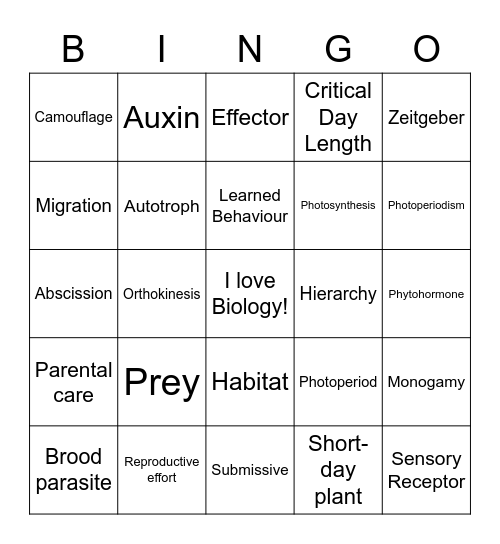 Plant and Animal Responses Bingo Card