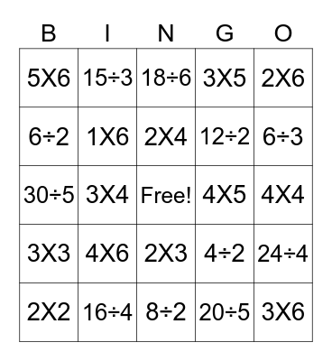 multiplication /division Bingo Card