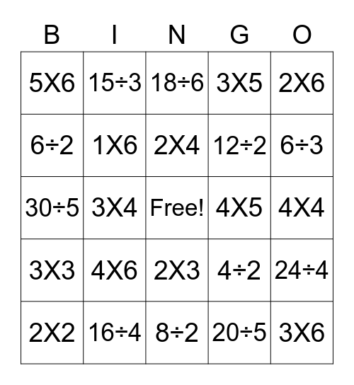 multiplication /division Bingo Card