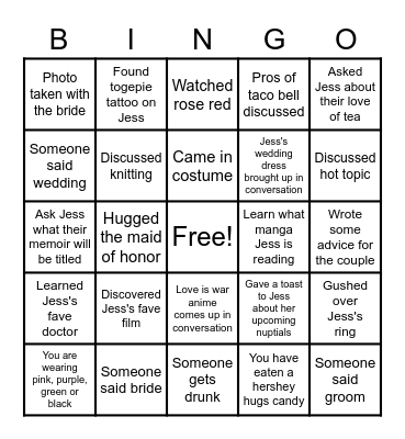 Pastel Goth Bride Bingo Card
