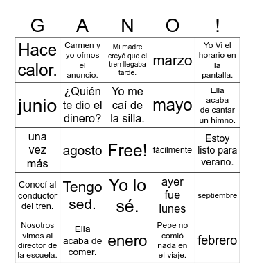 Spanish 2 Bingo Card