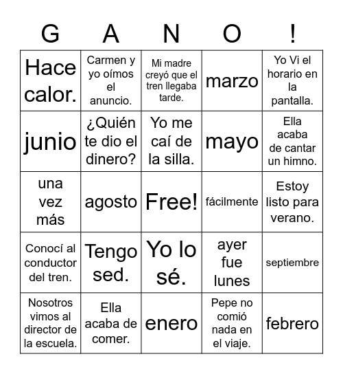 Spanish 2 Bingo Card