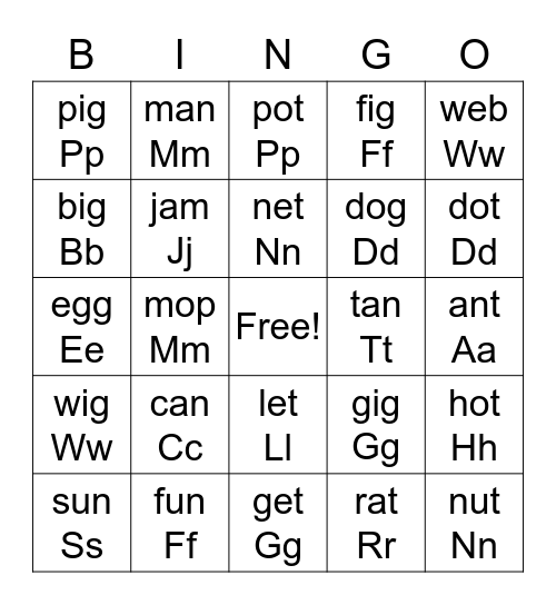 Words and letters Bingo Card
