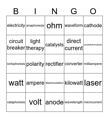 Electricity Bingo Card