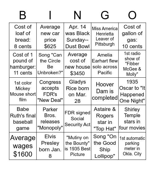 1935 Bingo Card