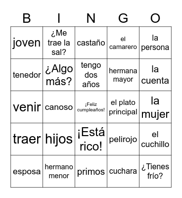 Spanish 2 Bingo Card