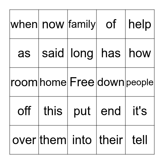 Sight Words Bingo Card
