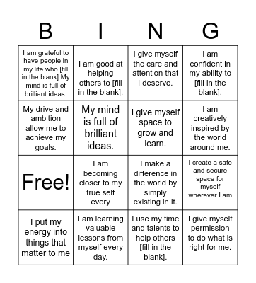 Affirmation Bingo Card