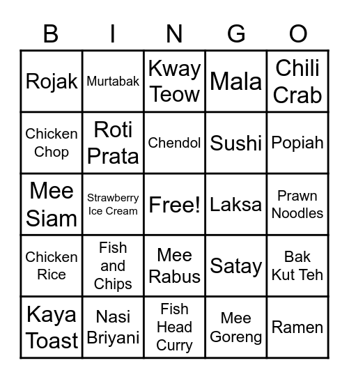 Food Bingo Card