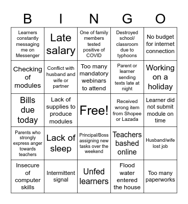 Stress Bingo Card