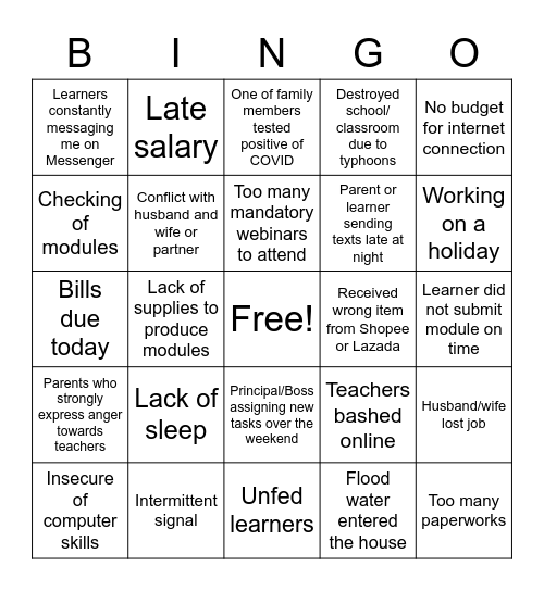 Stress Bingo Card