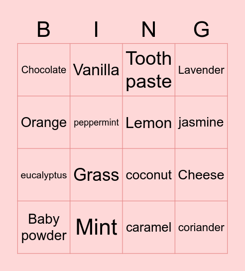 Sense of Smell Bingo Card