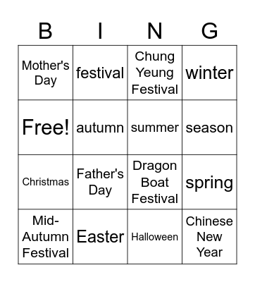 Festivals and seasons Bingo Card