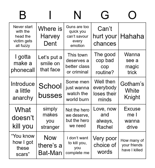 Dark Knight Bingo Card