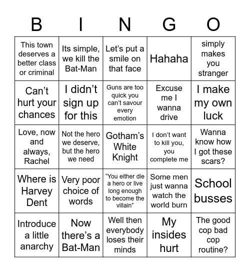 Dark Knight Bingo Card