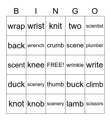 Silent Letter Bingo Card