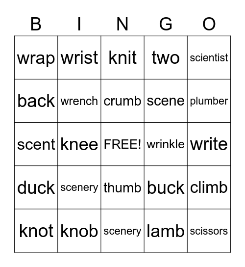 Silent Letter Bingo Card