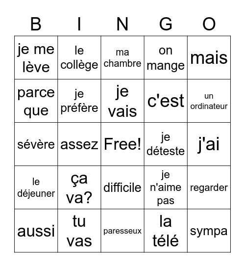 Mon emploi du temps Bingo Card