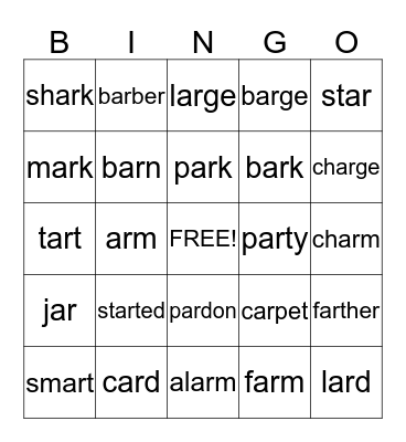 -ar words Bingo Card